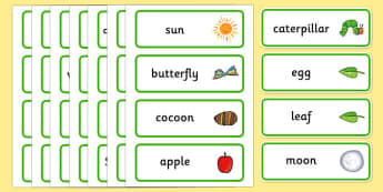 Word Cards to Support Teaching on The Very Hungry Caterpillar - The Very Hungry Caterpillar,  Eric Carle, resources, Hungry Caterpillar, life cycle of a butterfly, days of the week, food, fruit, story, story book, story book resources, story sequenci