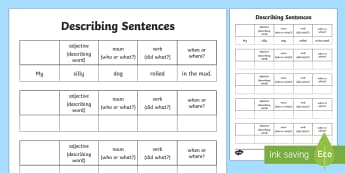 Describing Sentences Activity - activity, game, fun, describing sentences, sentences, sentence structure, descriptive writing, literacy, writing activity, fun activity, fun game, learning, play