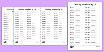 Dividing Numbers by 10 A5 Activity Sheet - dividing, numbers, 10, activity, sheet, worksheet