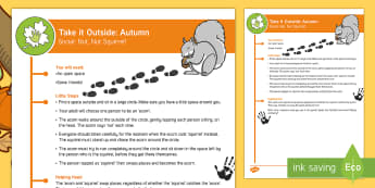 EYFS Take it Outside: Autumn: Nut, Nut, Squirrel Game - Little Acorns, Twinkl originals, fiction, Outdoor and Woodland Learning, Wonder Investigate Learn Di