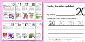 Number Formation Worksheets (10-20) - Handwriting, overwriting, number formation, number writing practice, foundation, numbers, foundation stage numeracy, writing, learning to write
