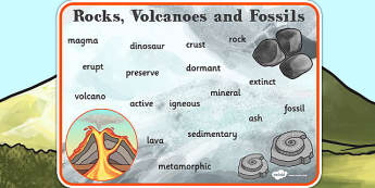 Rocks Volcanoes and Fossils Word Mat - word mat, geography, rocks