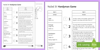 Nailed It! Handyman Game - Area, perimeter, semi-circle, square, parallelogram, rectangle, trapezium, dice, game, pair.