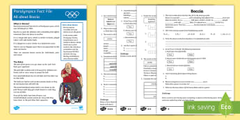 Boccia Differentiated Comprehension Challenge Sheet - Australian, Paralympics,sport, comprehension, reading, 