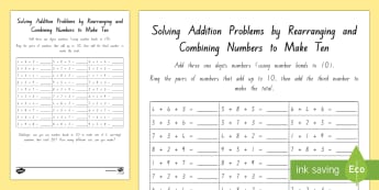 Solving Addition Problems by Rearranging and Combining Numbers to Make 10 Activity Sheet - New Zealand Maths Resource Moving