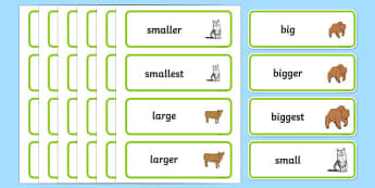 Size Word Cards - Size, measuring, shapes spaces and measures, ordering, large, larger, largest, small, smaller, smallest, sizes, numeracy, measurement, mathematical language, sizes