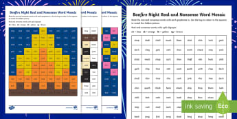 Bonfire Night Phase 3 Phonics Mosaic Activity Sheets - Guy Fawkes, Bonfire, Fireworks, Sparklers, Decode, worksheets