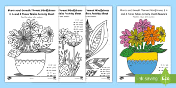 Plants and Growth Themed Mindfulness 3, 4 and 8 Times Tables Activity Sheet - Plants and Growth Themed Mindfulness 2, 5 and 10 Times Tables Colour By Numbers - plants and growth,