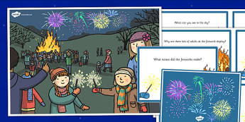Bonfire Night Scene and Question Cards - bonfire night, scene, question, cards