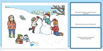 Winter Snowman Scene and Question Cards - winter snowman, scene, question, cards