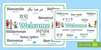 Mixed Language Welcome Word Mats - Welcome sign, bienvenido, bienvenue, wilkommen, welcome, language, differernt languages