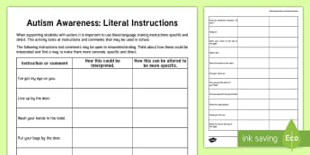 Autism Awareness   Literal Instructions Teacher Activity - World Autism Awareness Day, WAAW, autism awareness, literal language, teacher training, ASD