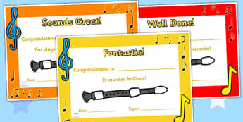 Recorder Certificates - recorder, certificates, music, music award, recorder awards, awards, rewards, class management, class awards, music certificates