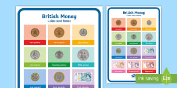 British Money Coins and Notes A4 Display Poster - money, coins, notes, recognising money, 