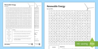Renewable Energy Word Search - turbines, geothermal, environmental, tidal, renewable