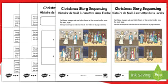 Christmas Story Sequencing Cards English/French - christmas, story sequencing, mary, joseph, shepherds, wise men, inn, manger