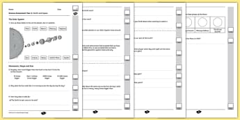Y5 Earth and Space End of Unit Assessment - solar eclipse, planets, moon, phases, gibbous, waxing, waning, leap year, season, axis, heliocentric, geocentric
