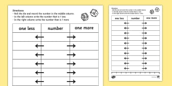 One More One Less Dice Activity Sheet - dice games, numeracy, One more, one less, Dice, counting