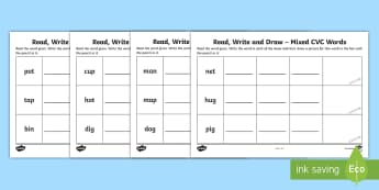 Read, Write and Draw Mixed CVC Words Activity Sheet - Phonics, Initial Sounds, Blending, Sounding Out, Assessment, Irish, Worksheet