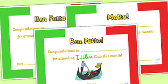 Italian Club Certificates - italian club, certificates, reward, award, reward certificates, certificate template, behaviour management, class management