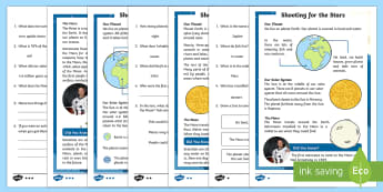 KS1 Planets and the Solar System Differentiated Reading Comprehension Activity - Back to Earth with a Bump, space, planets, night and day, dark, sun, Mars, moon, stories, picture bo