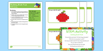 Building Brick Fruit STEM Activity and Prompt Card Pack to Support Teaching Teaching on The Very HUngry Caterpillar - Butterfly, life cycle, minibeasts, creepy crawlies, bugs, EYFS, science, technology, mathematics, engineering, early years, building