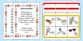 Toy Shop Bingo - Money, coins, pounds, pence, foundation numeracy, coin, pay, bingo, shop, addition, prices, price