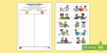 Classroom Choices Cutting Skills Activity Sheet English/Portuguese - Back to School, good choices, poor choices, cutting, first day of school, fine motor, worksheet, act