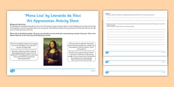 Mona Lisa by Da Vinci Art Appreciation Activity Sheet - Mona Lisa, Da Vinci, artist, art, activity sheet, Italy, worksheet