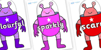 Wow Words on Alien - Wow words, adjectives, VCOP, describing, Wow, display, poster, wow display, tasty, scary, ugly, beautiful, colourful sharp, bouncy