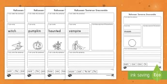 Halloween Themed Sentence Unscramble Activity Sheets - Halloween, english, writing, unscramble, cut outs, handwriting, worksheets