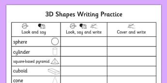 3D Shapes Writing Practice Worksheet - 3d shapes, writing, practice, worksheet, 3d, shape