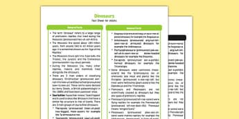 Dinosaurs Fact Sheet for Adults - EYFS, Early Years, KS1, Key Stage 1, prehistoric, mesozoic, living things, in the past, fossils