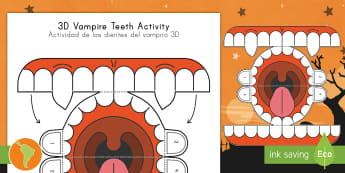 Simple 3D Halloween Vampire Teeth Activity Paper Craft US English/Spanish (Latin) - halloween, teeth, vampire, craft, spanish, eal
