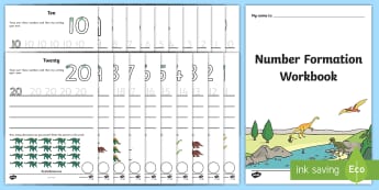 Number Formation Workbook Dinosaurs - Number formation, tracing numbers, tracing sheet, 0-20 tracing, 0-20, dinosaurs, number writing practice, foundation stage numeracy, writing, learning to write, overwriting