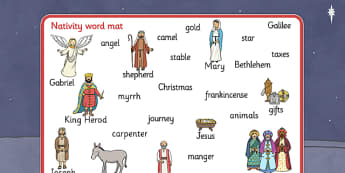 Nativity Word Mat - Nativity, Christmas, xmas, Word mat, writing aid, Mary, Joseph, Jesus, shepherd, wise men, Herod, angel, donkey, stable, Gabriel, First Christmas,Inn, Star, God