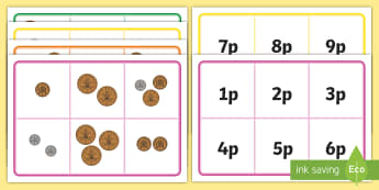 Money Bingo To 10p Using 1p 2p And 5p Coins - money, coins, maths