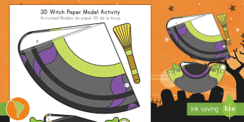 Simple Halloween 3D Witch Activity Paper Model US English/South American Spanish - halloween, witches, pumpkins, festivals, ks1 festivals, spanish, español, eal