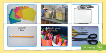 School Objects Photo Pack English/Portuguese - books, pencil, stationery, case, rule, drawer, classroom, translation