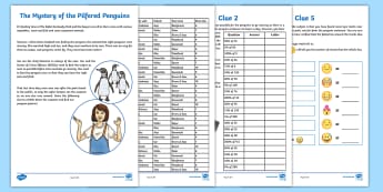 UKS2 The Mystery of the Pilfered Penguins Maths Game - murder mystery, emoji, conversion, pints, percentages, problem