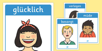 Emotions and Expressions Posters German - feelings, emotions, facial, sad, happy, vocabulary, PSHE, German, Deutsche, Germany, ourselves, 