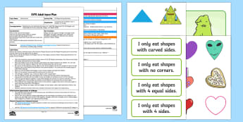 EYFS 2D Shape Eating Monsters Adult Input Plan and Resource Pack - Beginning to use mathematical names for  ‘flat’ 2D shapes, and mathematical terms to describe sh