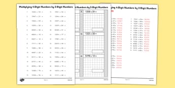 Multiplying 4 Digit Numbers by 2 Digit Numbers Activity Sheet Pack - multiplying, numbers, activity, sheet, maths, numeracy, 4 digit, worksheet
