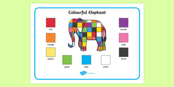 Colourful Elephant Colour Word Mat - Elmer, Elmer the elephant, resources, Elmer story, patchwork elephant, PSHE, PSE, David McKee, colours, patterns, story, story book, story book resources, story sequencing, story resources, word mat, wri