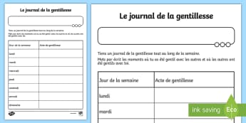 Feuille d'activité : Le journal de la gentillesse - Altruisme, bonté, écriture, cahier, cycle 2,French