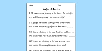 Safari Themed Maths Word Problems Worksheet to 10 - safari, safari maths problems, safari numeracy,safari maths worksheet, safari addition, safari subtraction