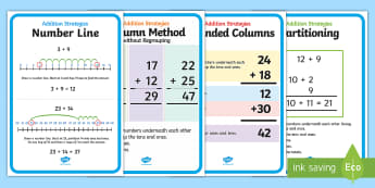 KS1 Addition Strategies Display Posters - parition, counting on, column method, column method without regrouping, number line