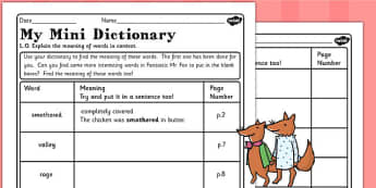 Mini Dictionary Worksheet to Support Teaching on Fantastic Mr Fox - mr fox, dictionary