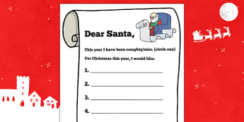 Letter to Santa Present List Writing Template - letter, santa, present, list