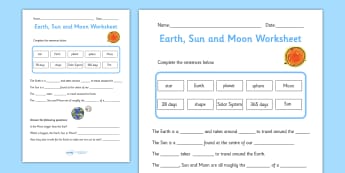 Earth, Sun and Moon Activity Sheet Pack - worksheets, worksheet, work sheet, space, in space, earth, sun, moon, sun and moon, planet, our planet, sheets, activity, writing frame, filling in, writing activity